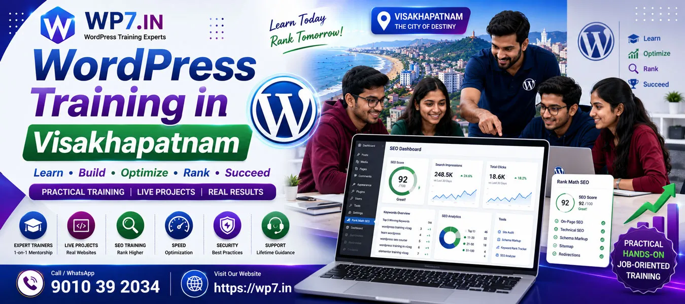 wordpress-seo-course-vizag-dashboard WordPress admin dashboard and SEO setup during practical training class in Vizag